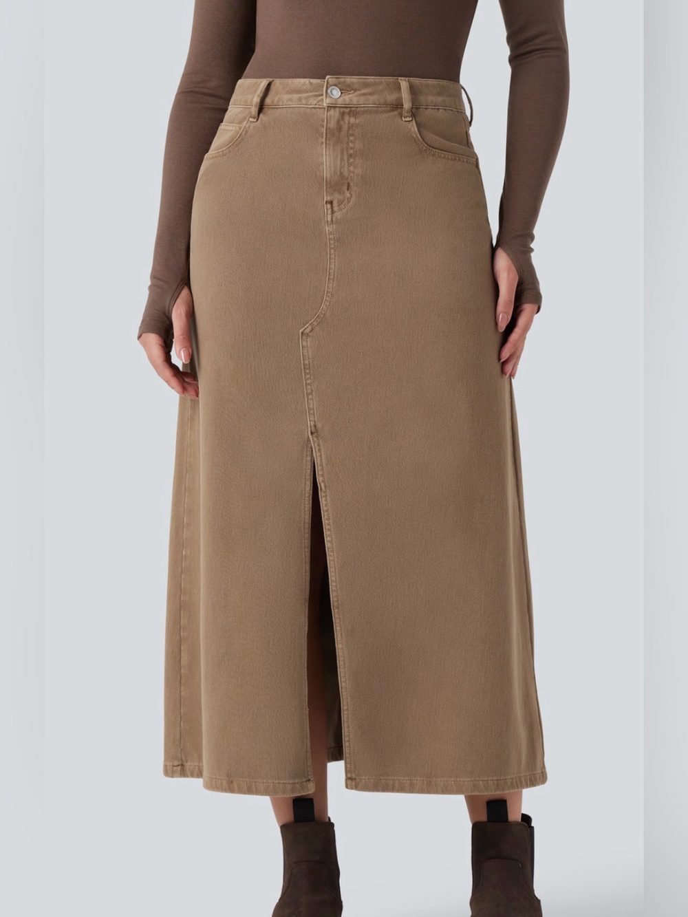 Halara Flex Mid Rise Split Midi Casual Denim Skirt Size Medium Brown Tan